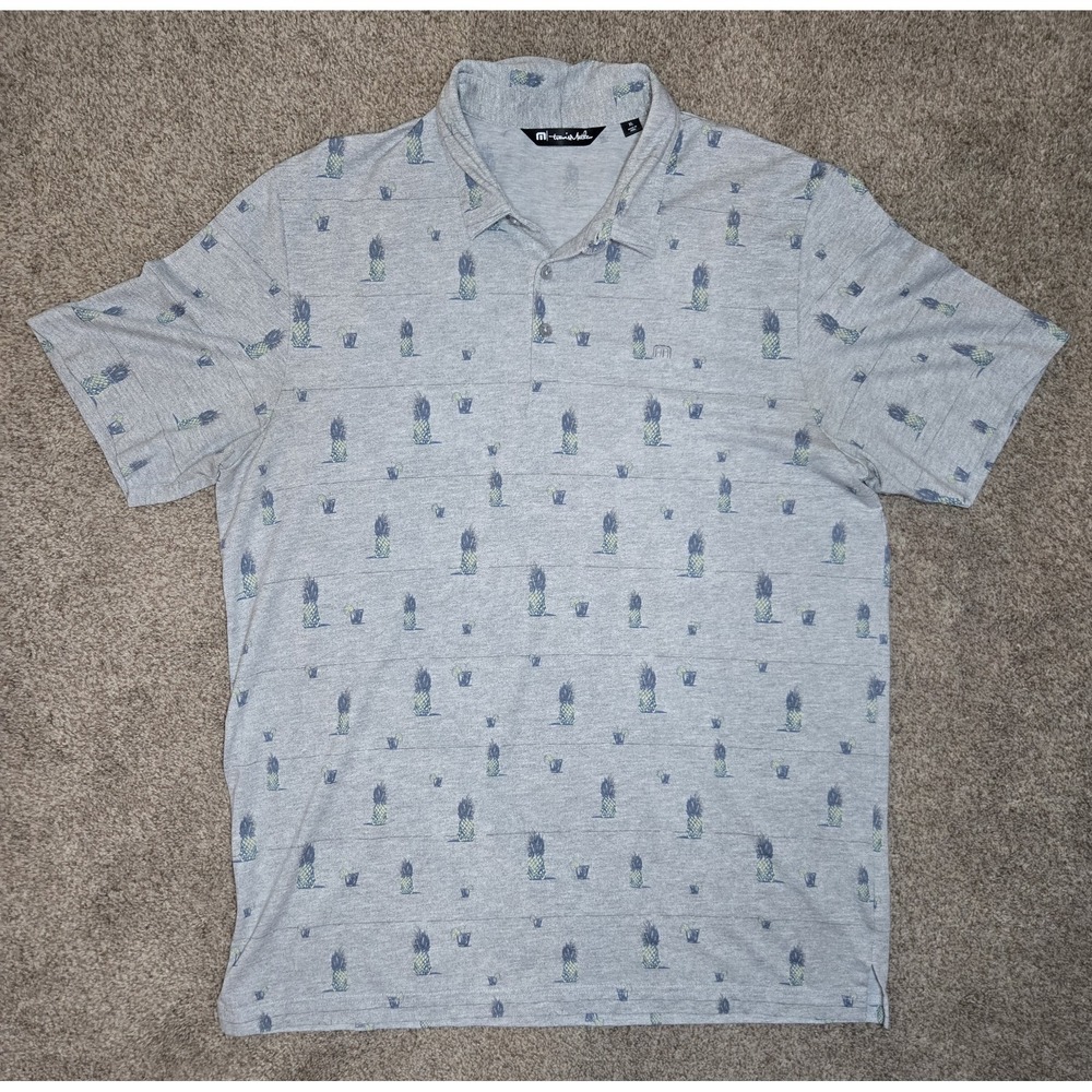 Travis Mathew XL Men's Polo Shirt Gray Pineapple Drink Print Short Sleeve